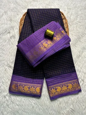 Madurai sungudi cotton Zari Check Contrast - Navy blue with Lavender - KRZCS