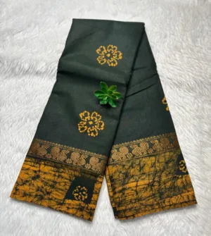 Madurai Sungudi 100 Count Wax print Sarees - Dark green - Wax print