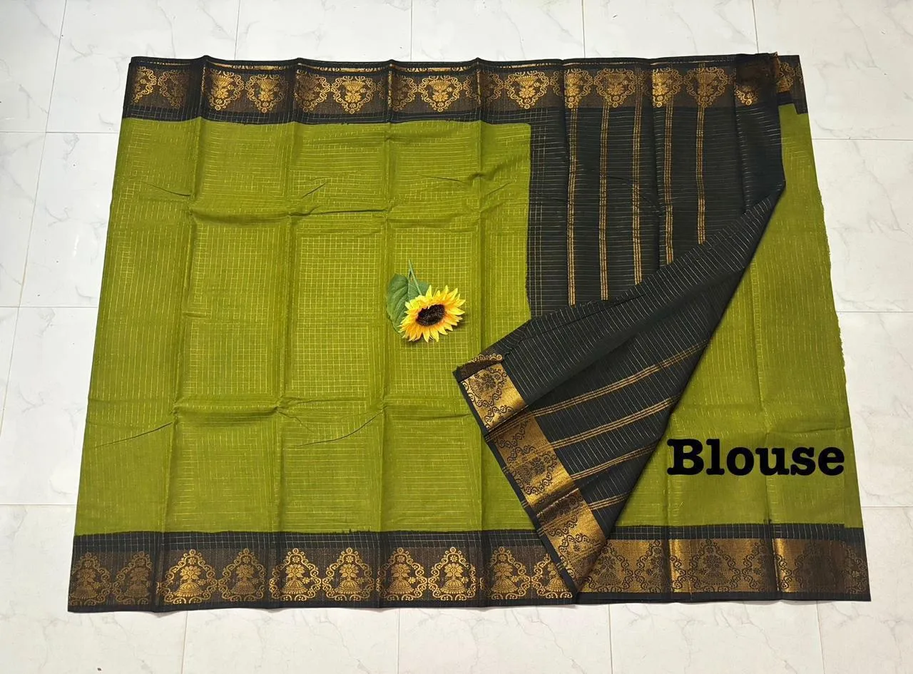 Madurai sungudi Cotton Zari Check Contrast - Mehandi green with black (Running blouse)