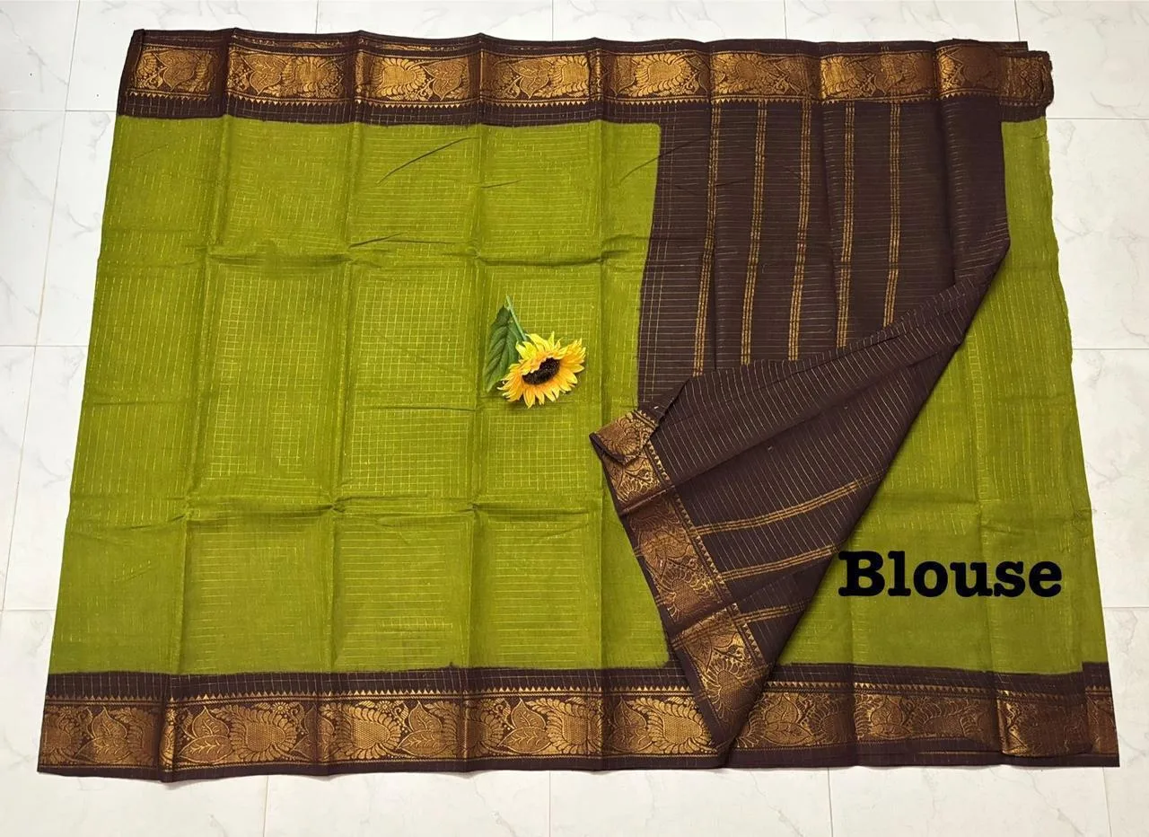 Madurai sungudi Cotton Zari Check Contrast - Mehandi green with Maroon (Running blouse)