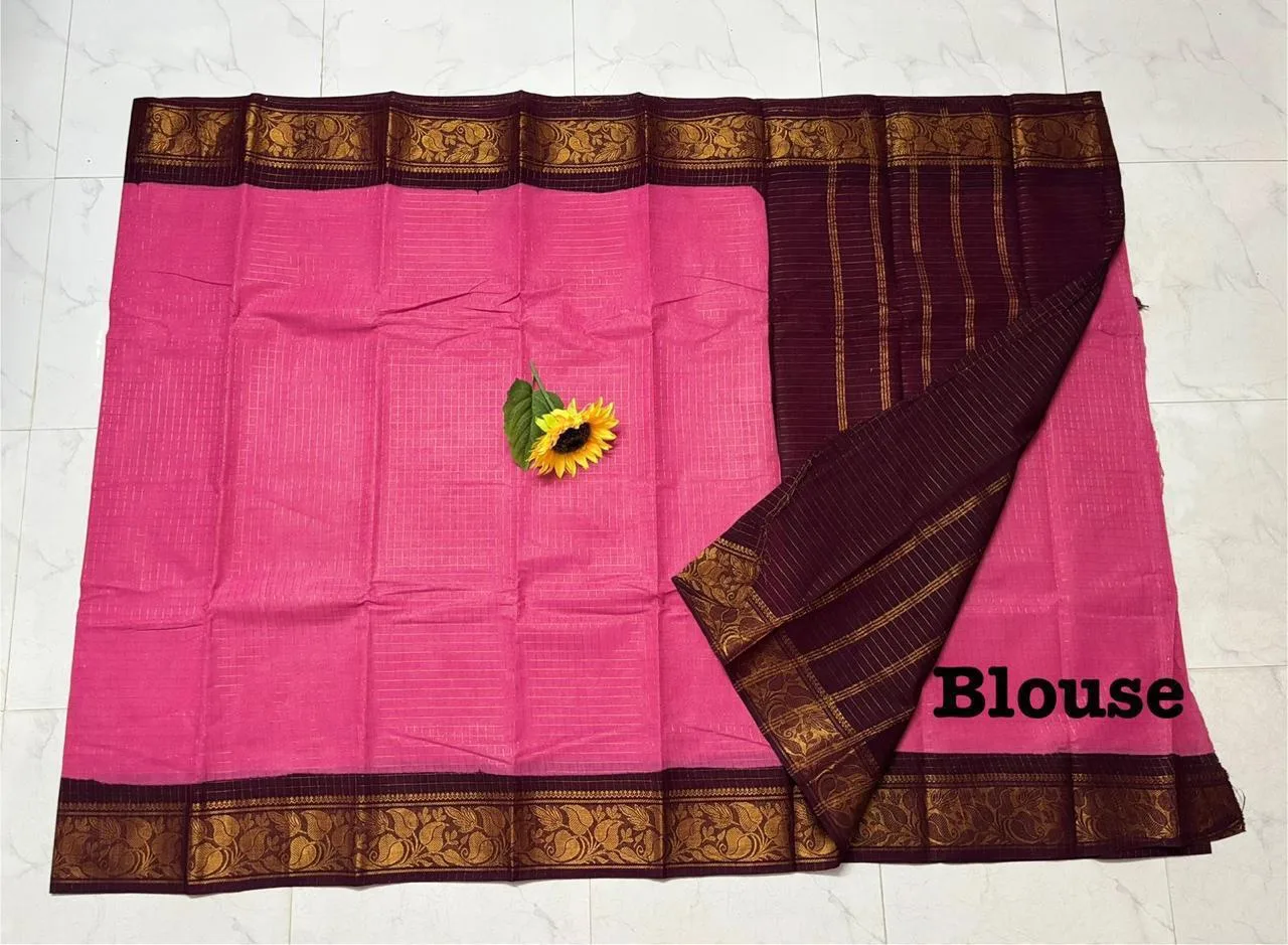 Madurai sungudi Cotton Zari Check Contrast - Baby pink with Maroon (Running blouse)
