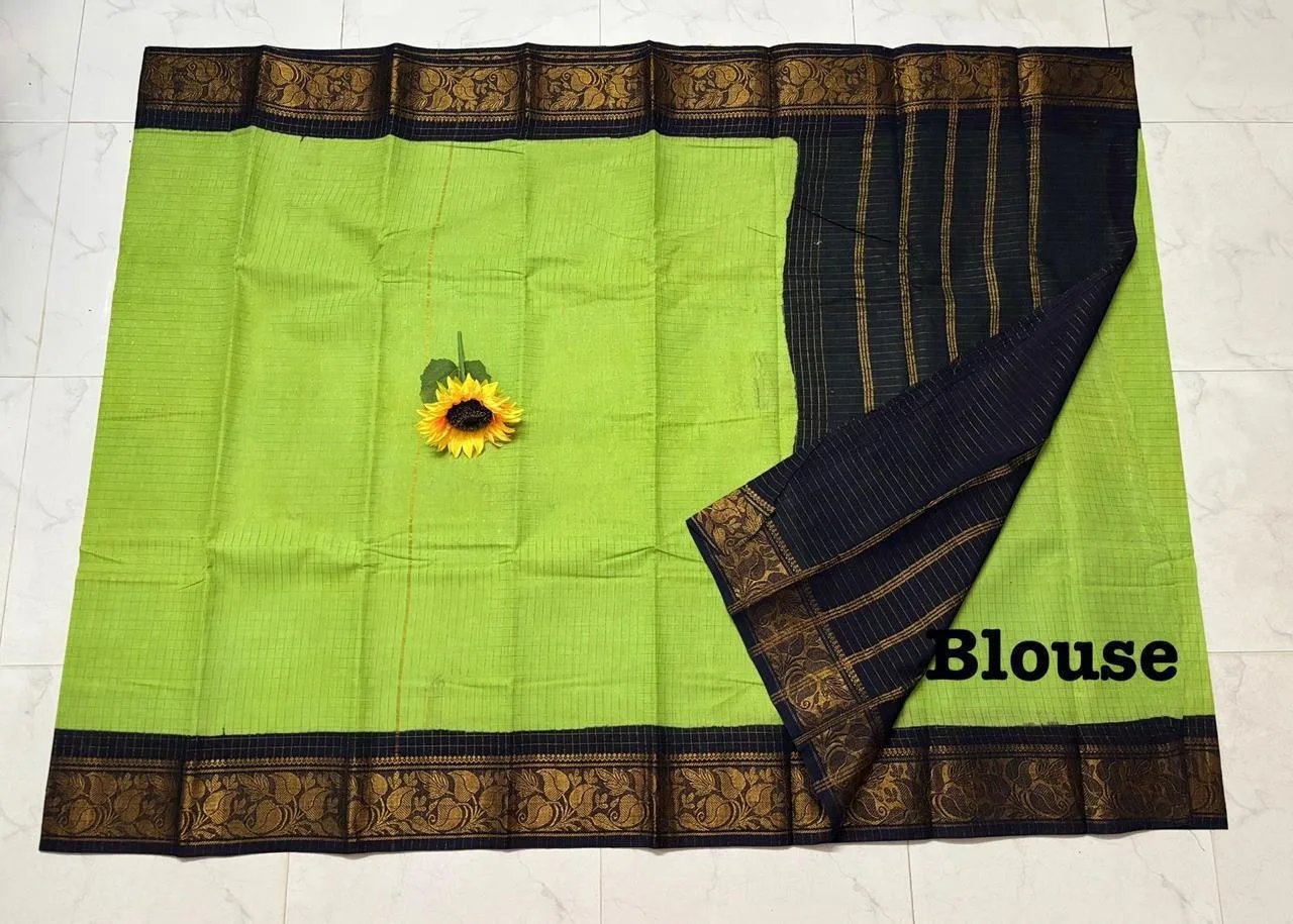 Madurai sungudi Cotton Zari Check Contrast - Parrot green with black (Running blouse)