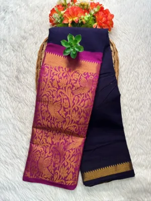 Sungudi Cotton Sarees - Vaseegara design 19 inch border - Navy blue with Rani pink