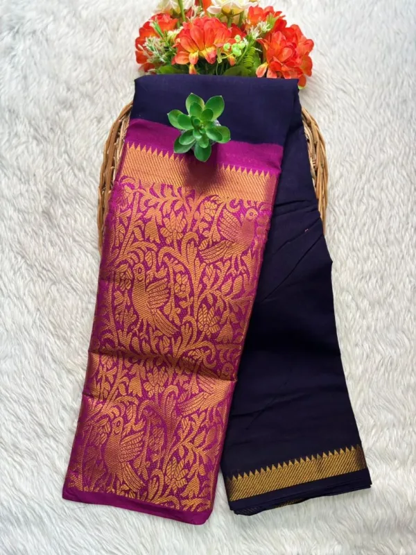 Sungudi Cotton Sarees - Vaseegara design 19 inch border - Navy blue with Rani pink