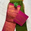 Sungudi Cotton Sarees - Vaseegara design 19 inch border - Mehandi green with pink