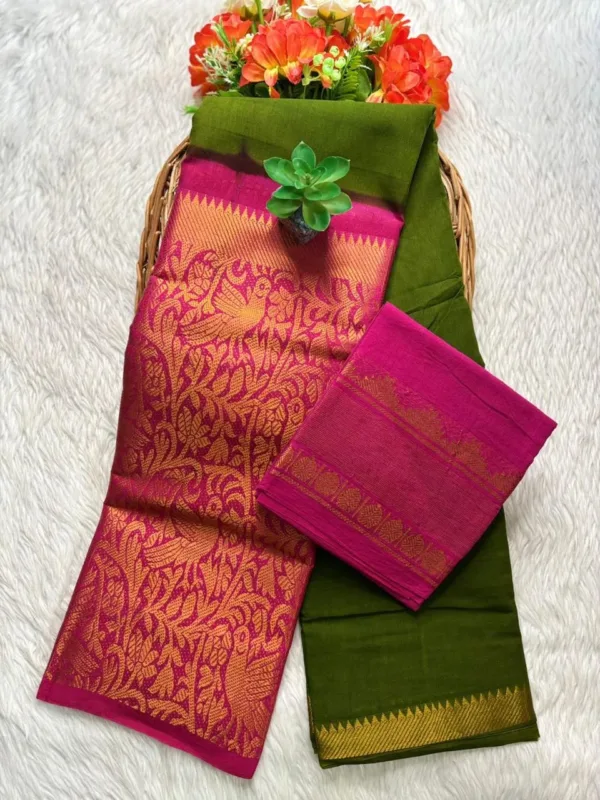 Sungudi Cotton Sarees - Vaseegara design 19 inch border - Mehandi green with pink