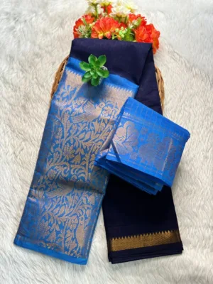 Sungudi Cotton Sarees - Vaseegara design 19 inch border - Navy blue with Sky blue