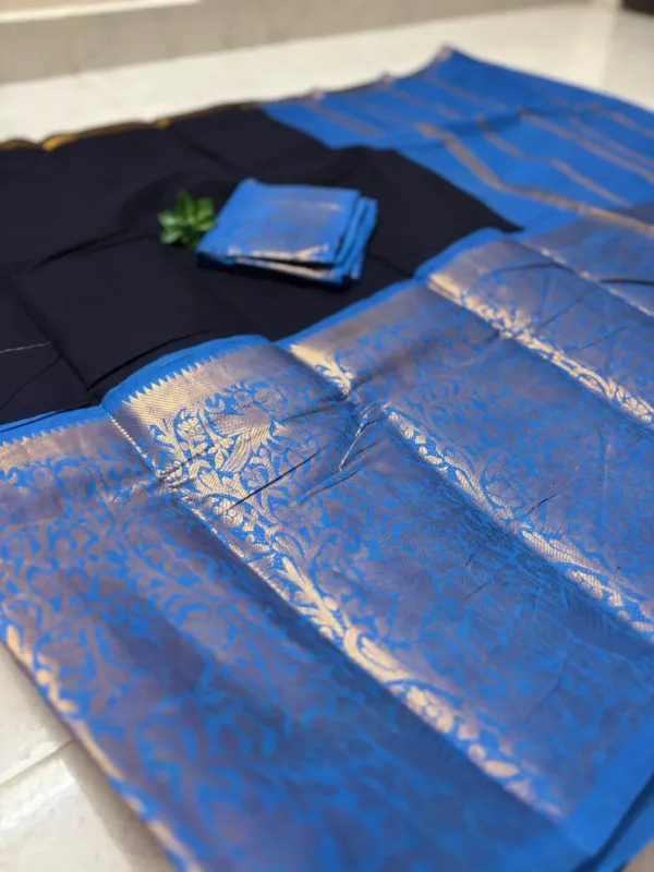 Sungudi Cotton Sarees - Vaseegara design 19 inch border - Navy blue with Sky blue2