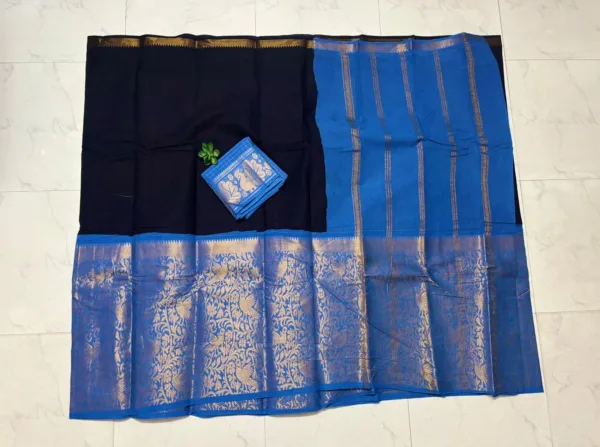 Sungudi Cotton Sarees - Vaseegara design 19 inch border - Navy blue with Sky blue1