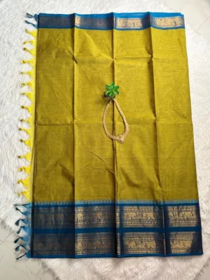 kanchi cotton saree with Running Blouse- Kanchi cotton- Light green with blue