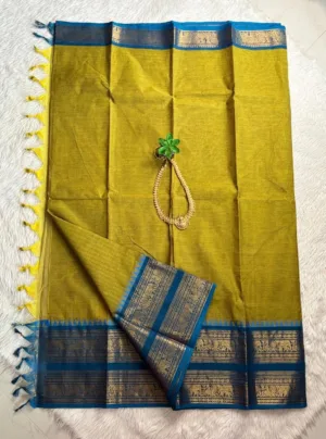 kanchi cotton saree with Running Blouse- Kanchi cotton- Light green with blue1