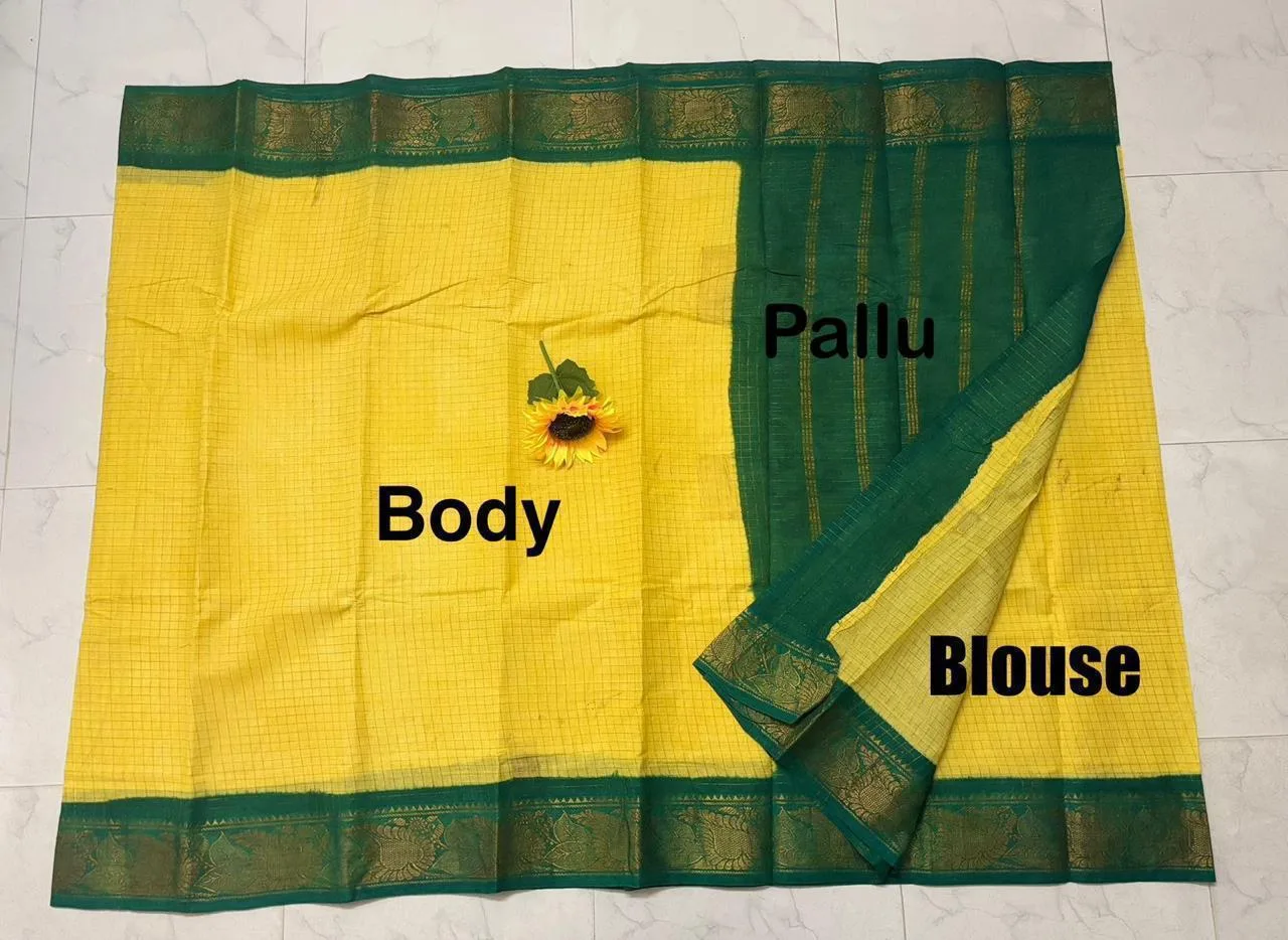 Madurai sungudi Cotton Zari Check Contrast - Lemon Yellow with Green (Running blouse)
