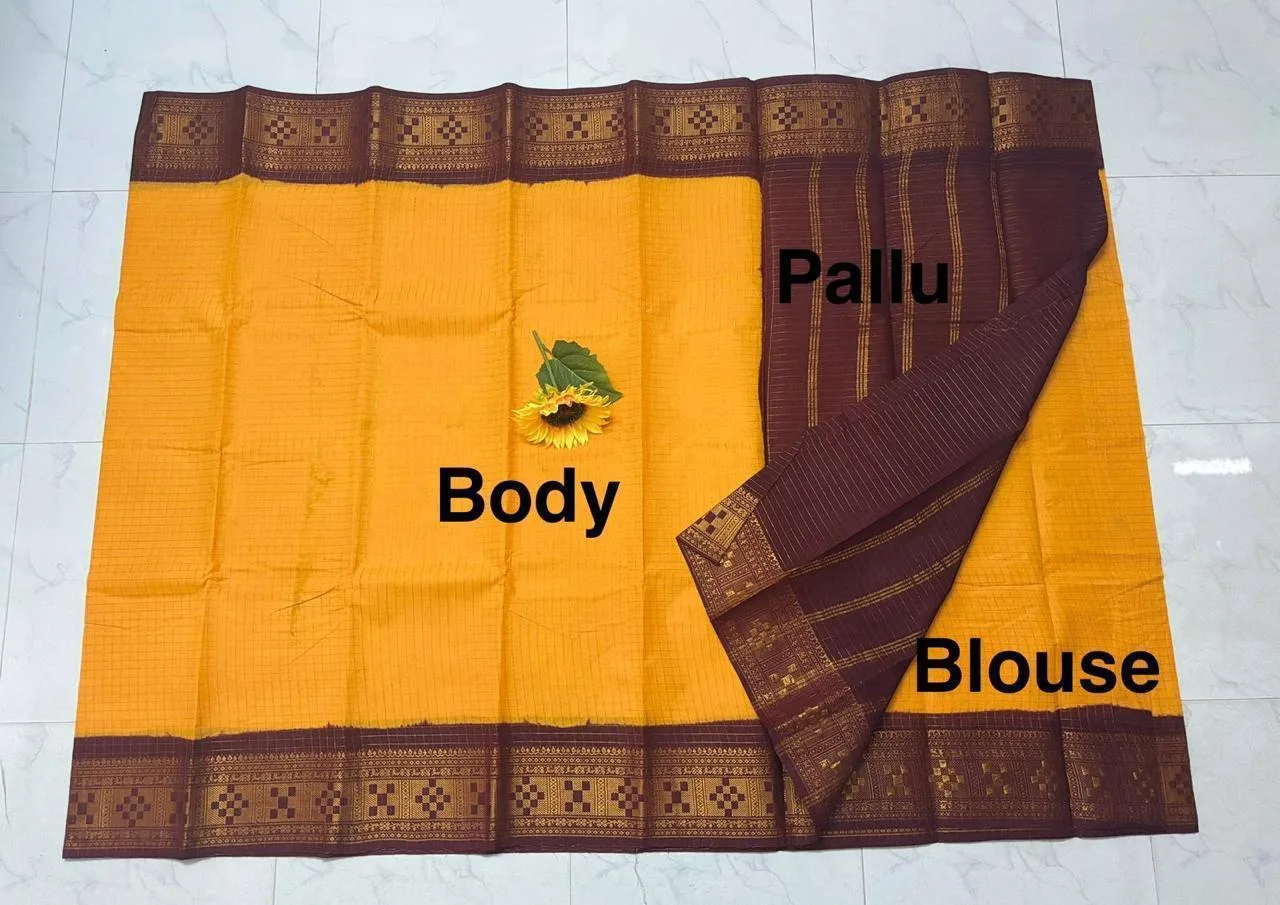 Madurai sungudi Cotton Zari Check Contrast - Yellow with Maroon (Running blouse)