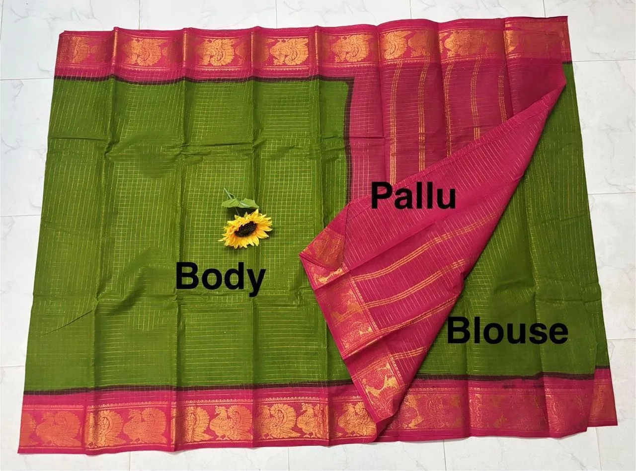 Madurai sungudi Cotton Zari Check Contrast - Mehandi green with pink (Running blouse)