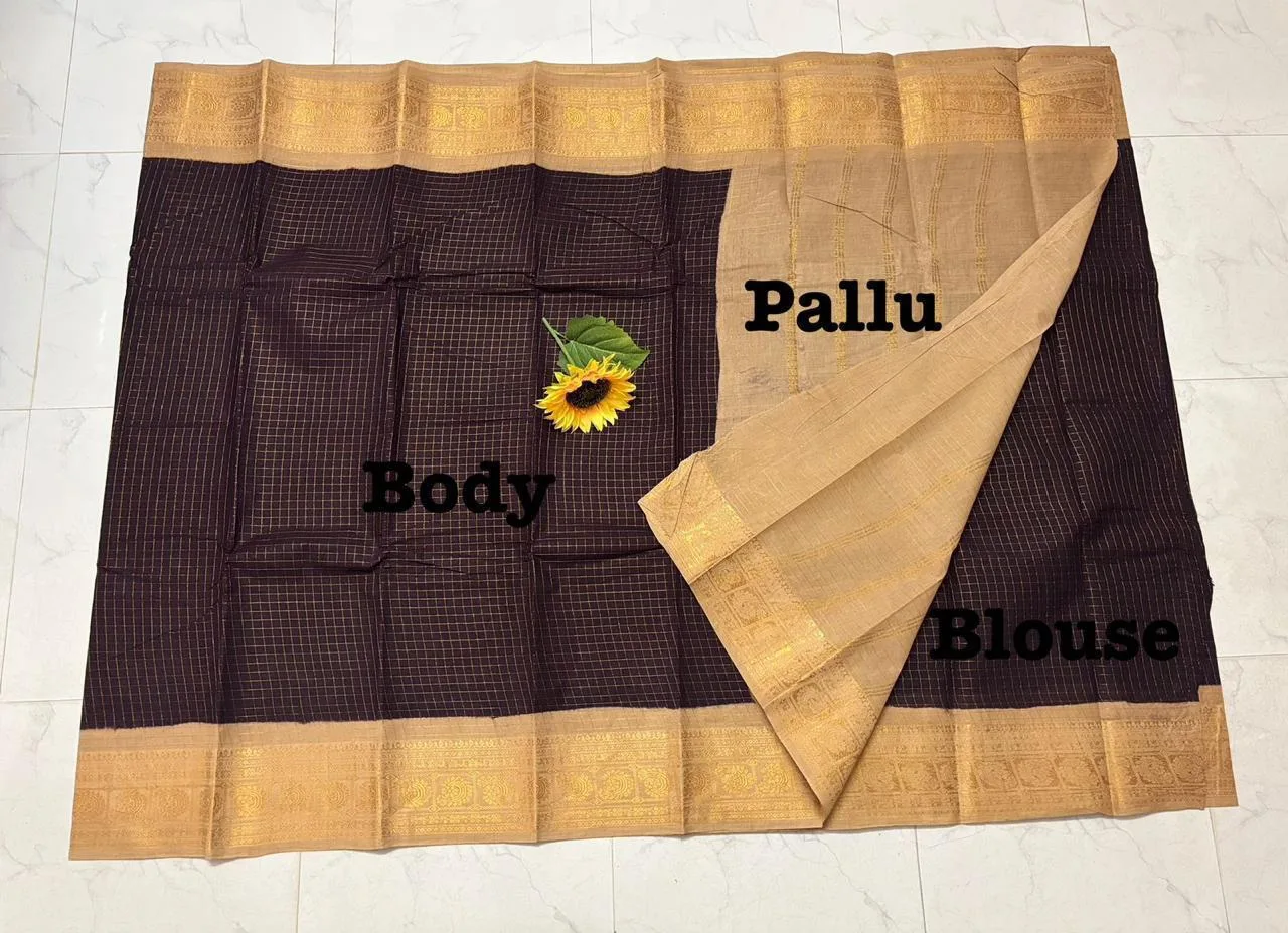 Madurai sungudi Cotton Zari Check Contrast - Dark brown with biscuit (Running blouse)