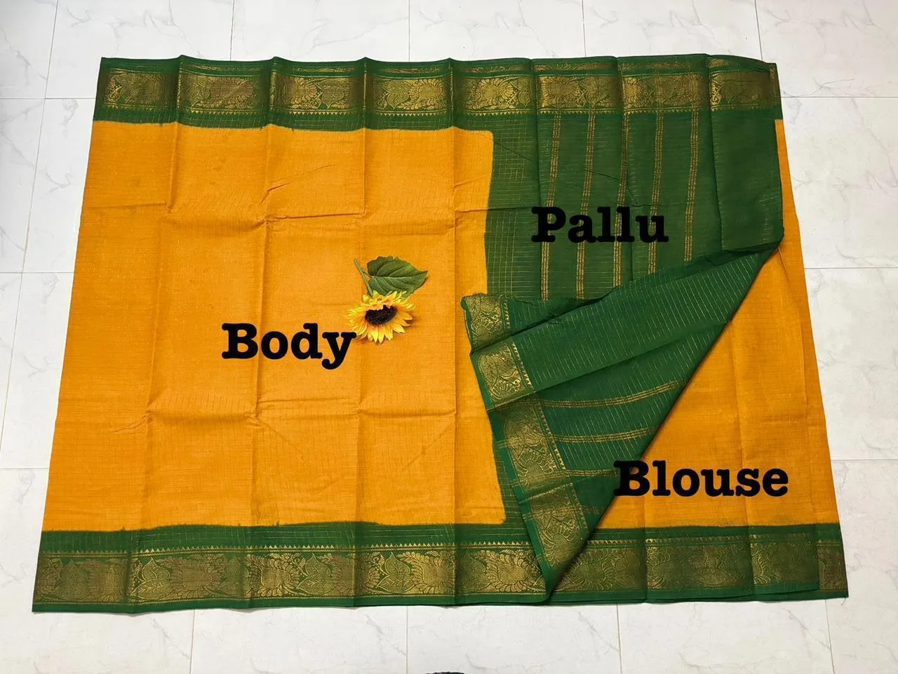 Madurai sungudi Cotton Zari Check Contrast - Yellow with green (Running blouse)
