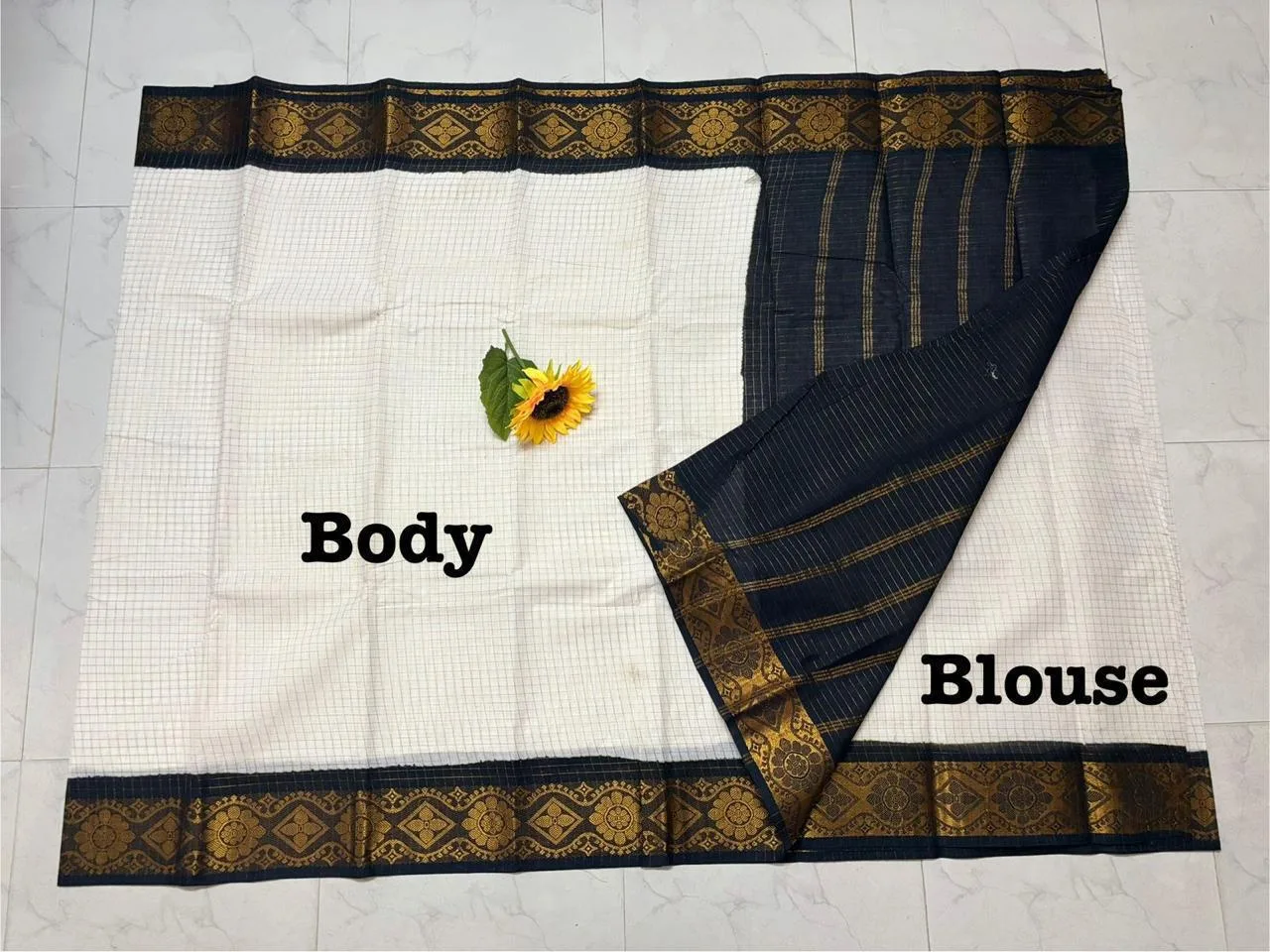 Madurai sungudi Cotton Zari Check Contrast - White with black (Running blouse)