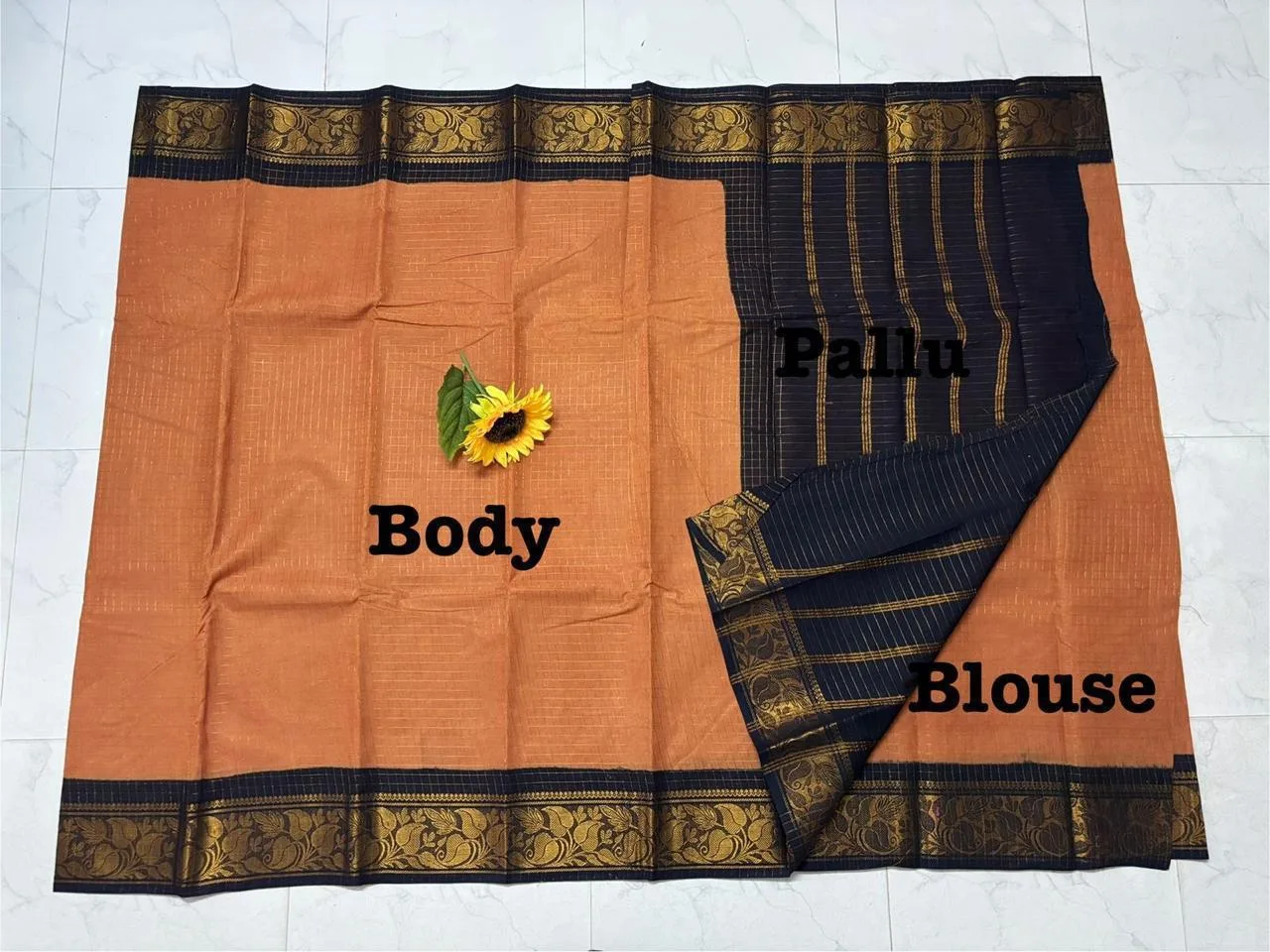 Madurai sungudi Cotton Zari Check Contrast - Saffron with black (Running blouse)