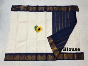 Madurai sungudi Cotton Zari Check Contrast - White with blue (Running blouse)