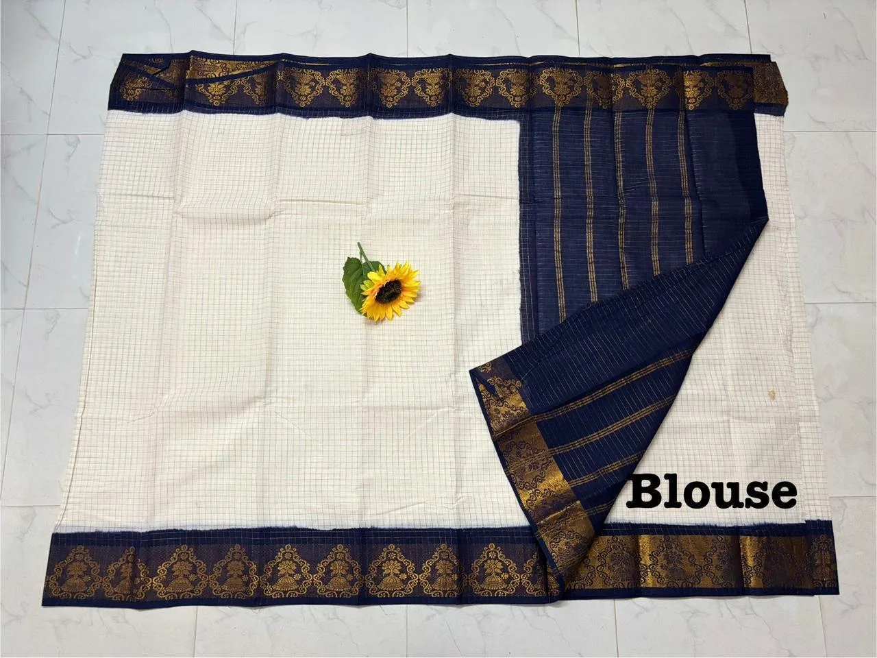Madurai sungudi Cotton Zari Check Contrast - White with blue (Running blouse)