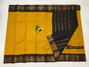 Madurai sungudi Cotton Zari Check Contrast - Mustard yellow with black (Running blouse)