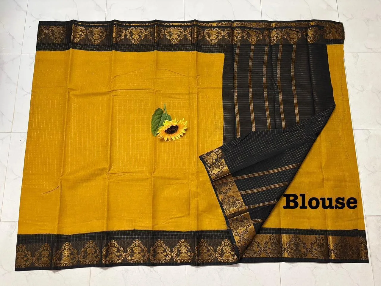 Madurai sungudi Cotton Zari Check Contrast - Mustard yellow with black (Running blouse)