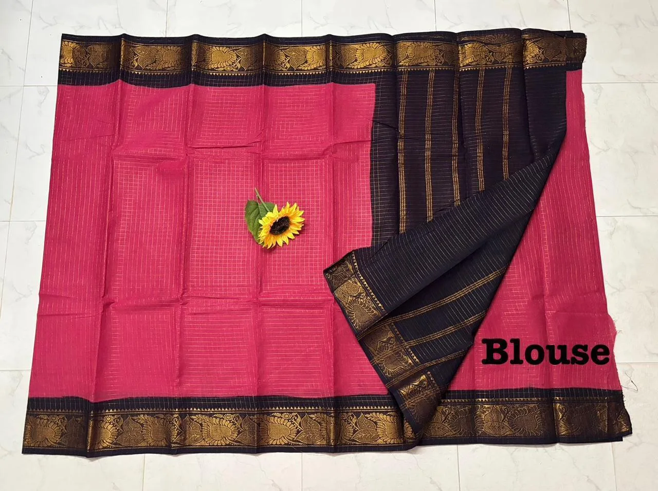 Madurai sungudi Cotton Zari Check Contrast - Rani pink with black (Running blouse)