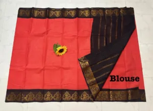 Madurai sungudi Cotton Zari Check Contrast - Orange with black (Running blouse)