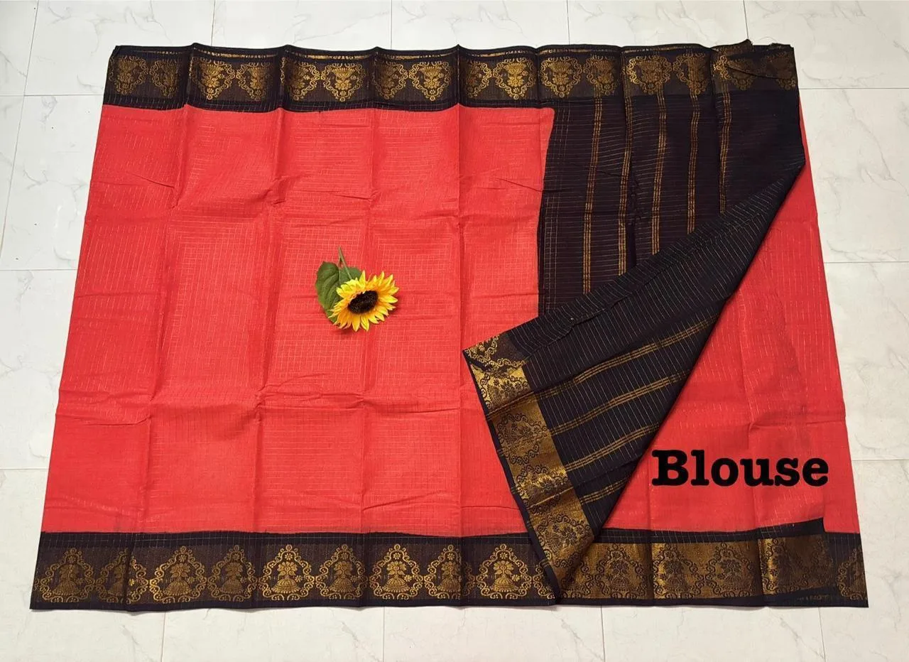 Madurai sungudi Cotton Zari Check Contrast - Orange with black (Running blouse)
