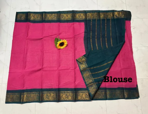 Madurai sungudi Cotton Zari Check Contrast - Light pink with Green (Running blouse)