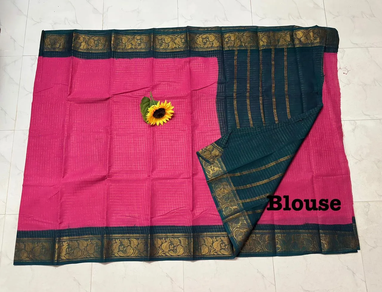 Madurai sungudi Cotton Zari Check Contrast - Light pink with Green (Running blouse)