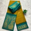 Madurai sungudi cotton Doll border Saree - Mustard yellow with Silver green