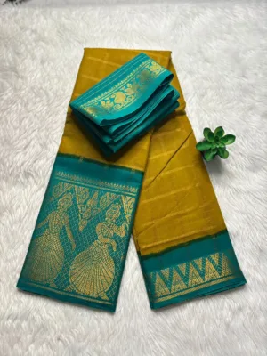 Madurai sungudi cotton Doll border Saree - Mustard yellow with Silver green