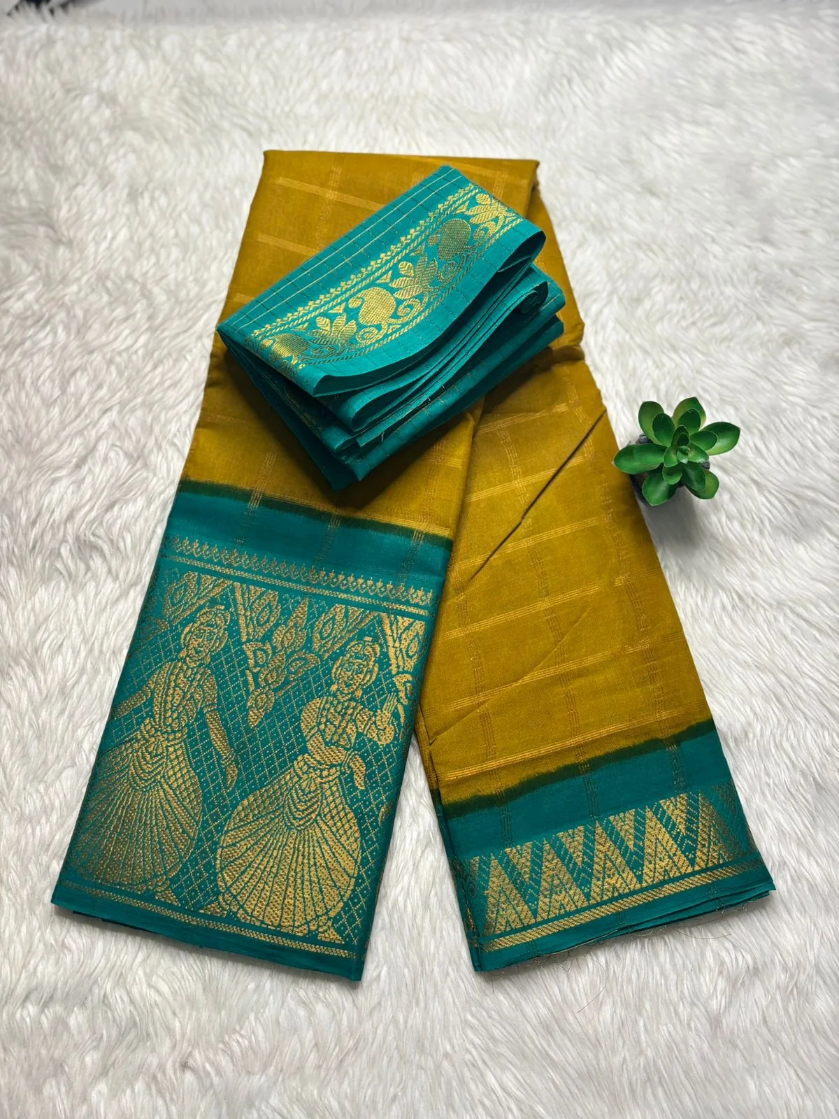 Madurai sungudi cotton Doll border Saree - Mustard yellow with Silver green