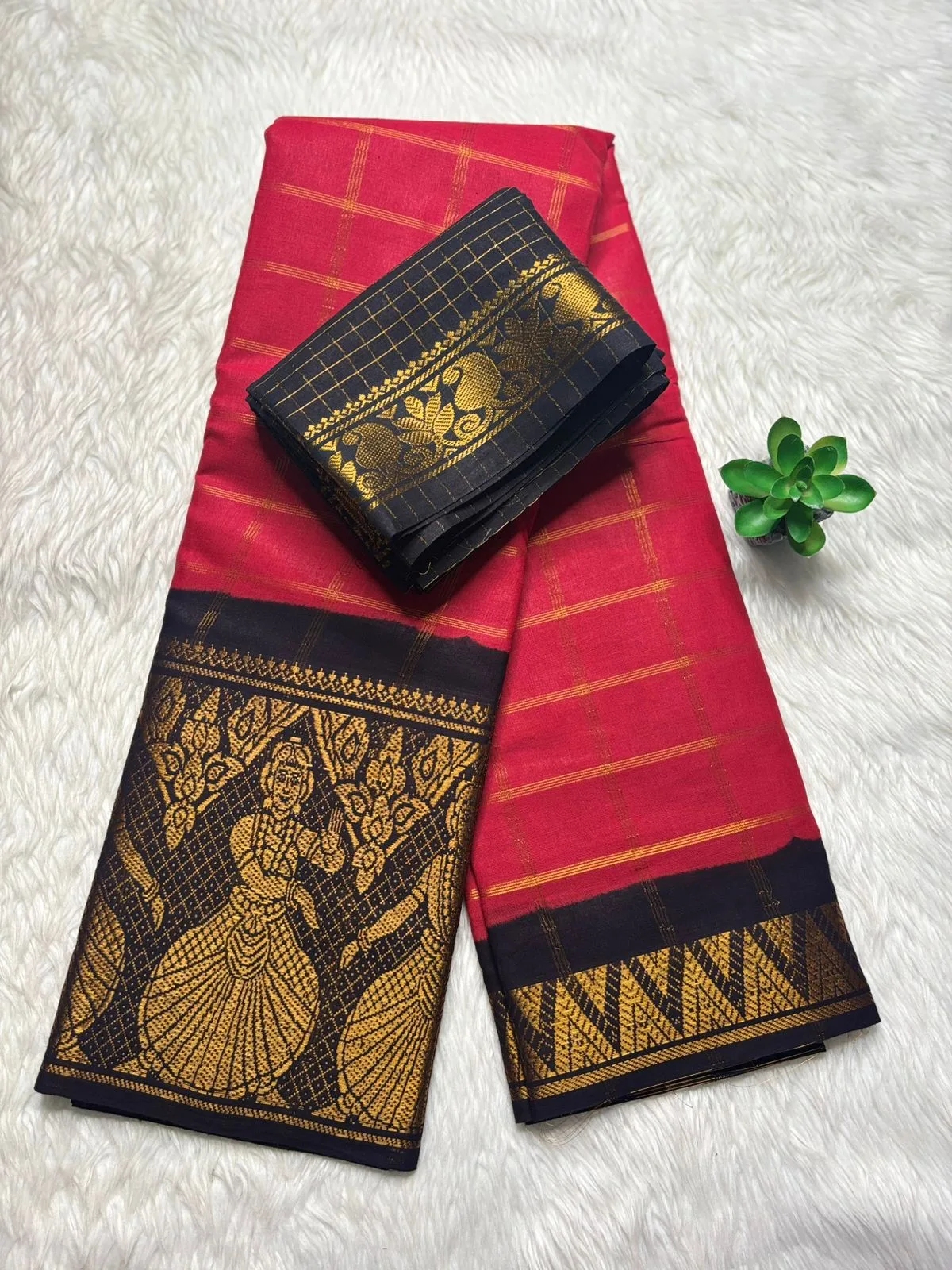 Madurai sungudi cotton Doll border Saree - Red with black