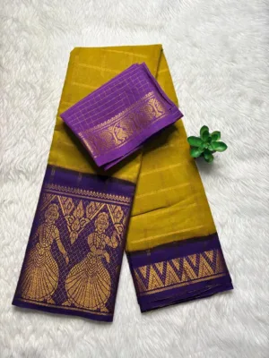 Madurai sungudi cotton Doll border Saree - Mustard yellow with Violet