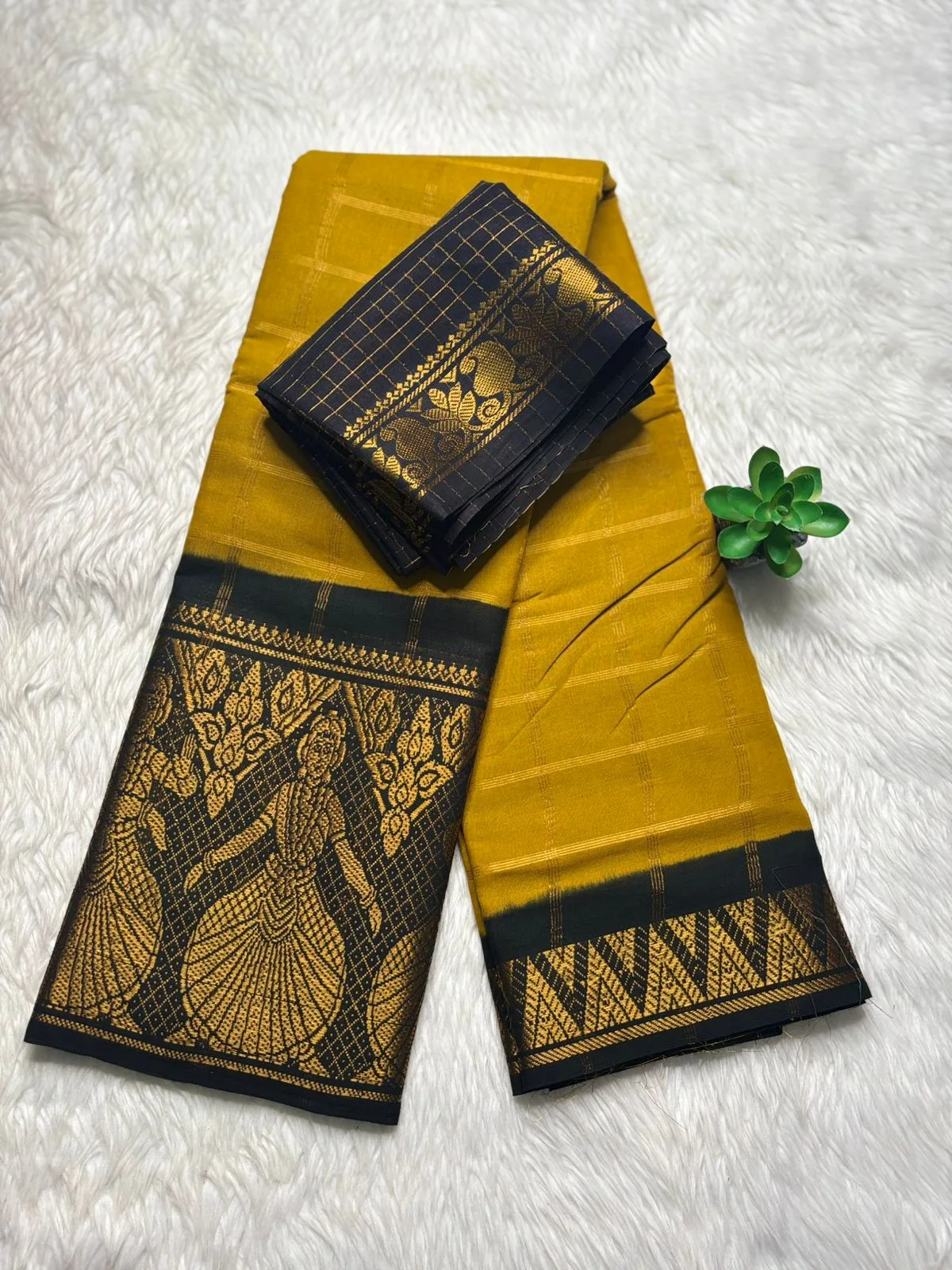 Madurai sungudi cotton Doll border Saree - Mustard yellow with black