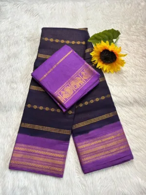 Madurai Sungudi cotton Veludhari contrast border Saree- Blue with Lavender