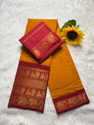 Madurai sungudi cotton mayuri - Mustard Yellow with Red