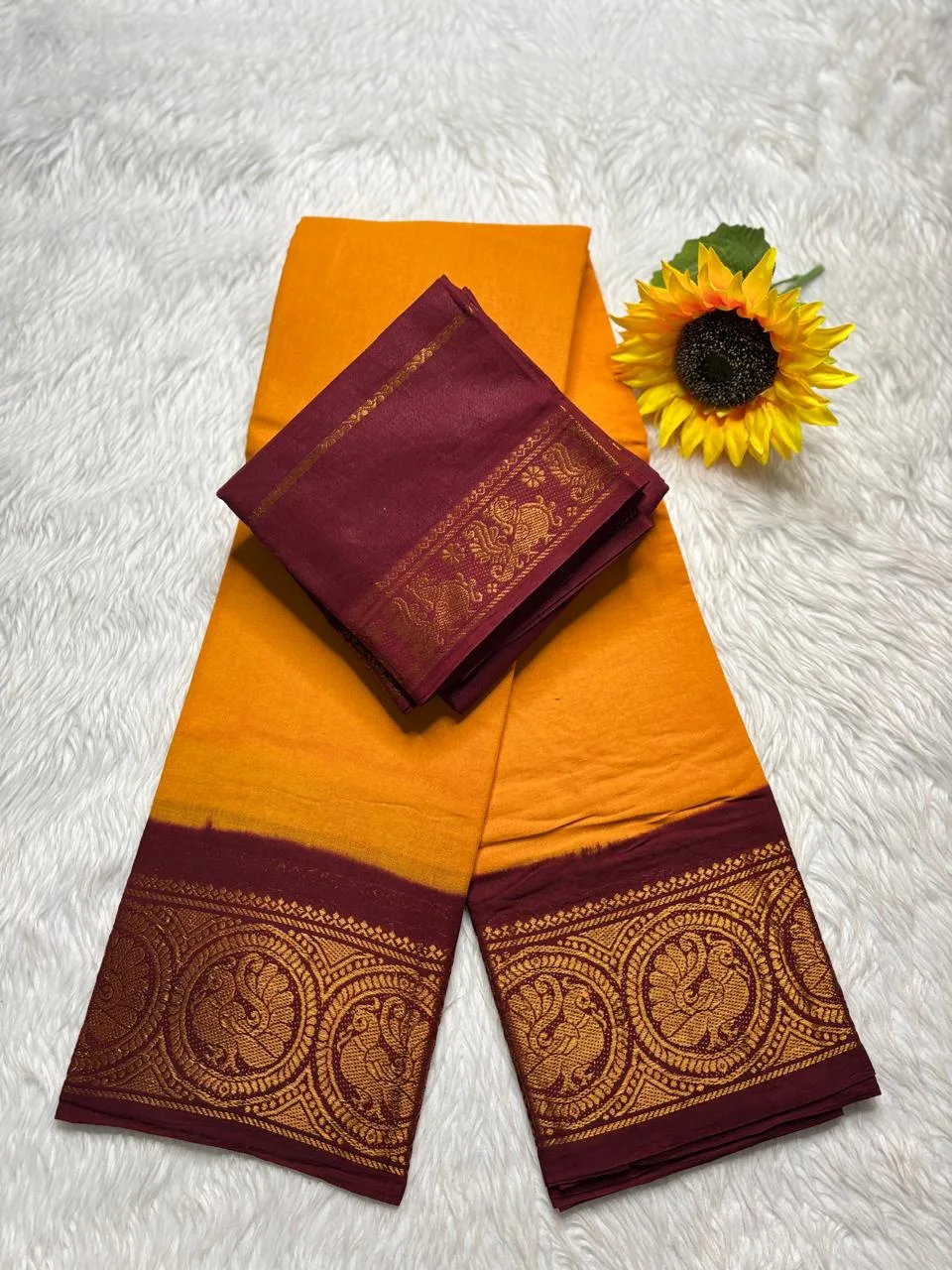 Madurai sungudi cotton mayuri - Yellow with Maroon(Peacock)- Small border