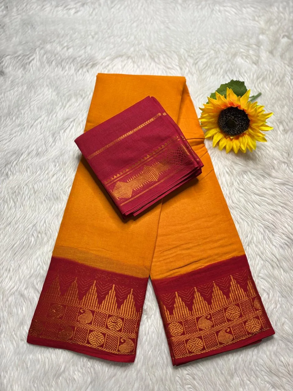 Madurai sungudi cotton mayuri - Yellow with red - Small border