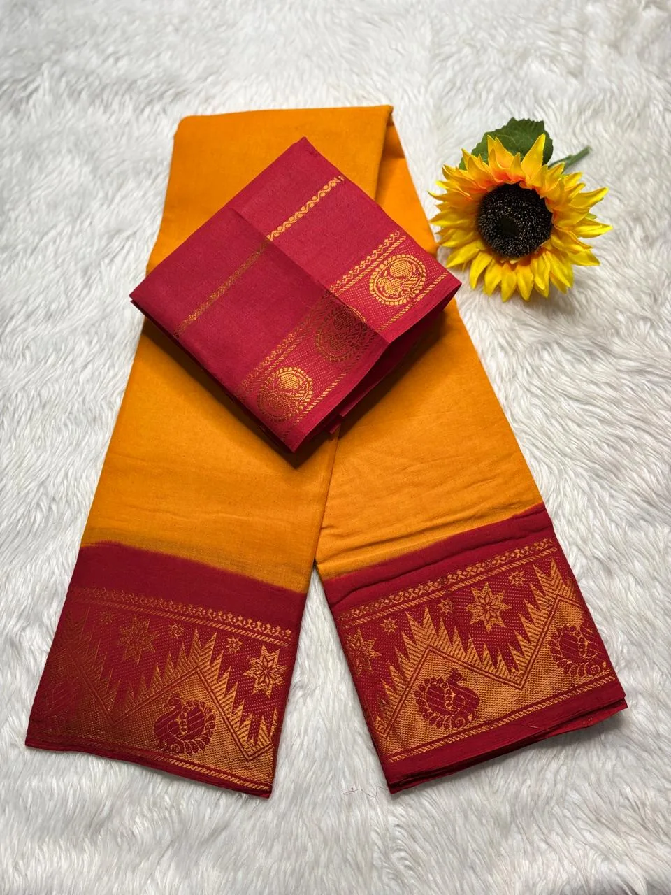Madurai sungudi cotton mayuri - Yellow with red(Peacock) - Small border
