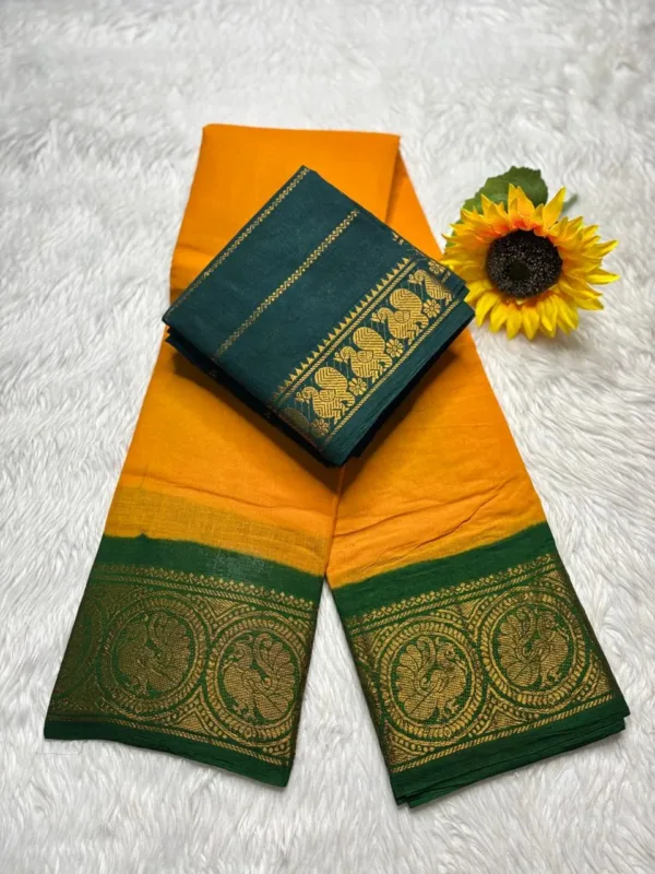 Madurai sungudi cotton mayuri - Yellow with green(Peacock) - Small border