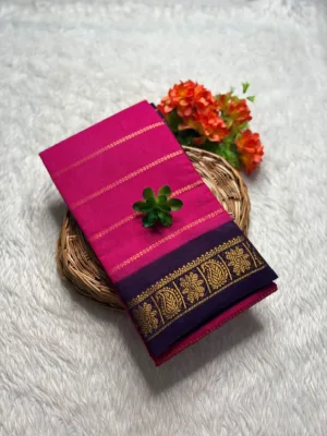 Madurai Sungudi Cotton Veludhari Contrast Border with running blouse - Pink with blue
