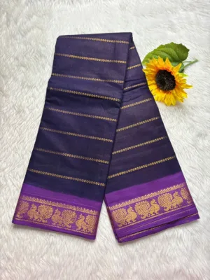 Madurai Sungudi Cotton Veludhari Contrast Border with running blouse - Dark blue with Lavender