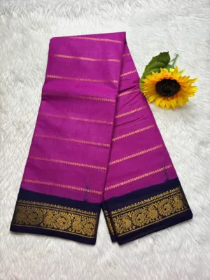Madurai Sungudi Cotton Veludhari Contrast Border with running blouse - Magenta pink with blue