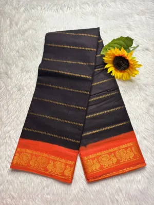 Madurai Sungudi Cotton Veludhari Contrast Border with running blouse - Black with Orange