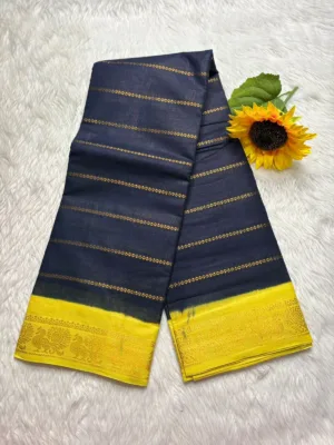 Madurai Sungudi Cotton Veludhari Contrast Border with running blouse - Black with lemon yellow