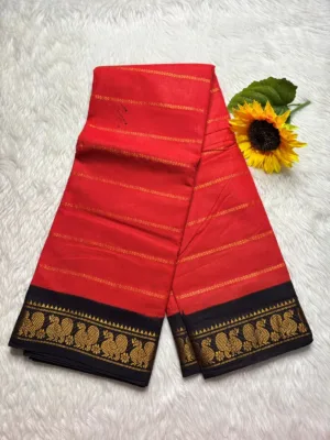 Madurai Sungudi Cotton Veludhari Contrast Border with running blouse - Orange with black