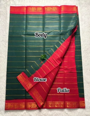 Madurai Sungudi Cotton Veludhari Contrast Border with running blouse - Green with red